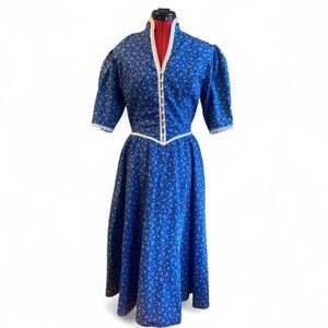 Gunne Sax Royal Blue Floral Midi Dress with Cream Trim